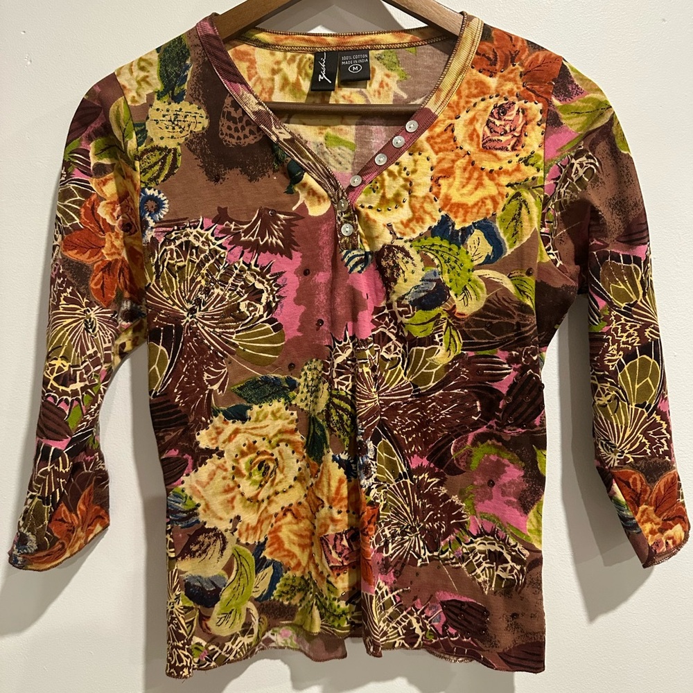 ZASHI Y2K Fall Floral 100% Cotton 3/4 Length Sleeve Vneck Top Size M